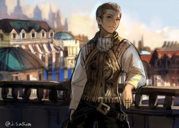 1boy against_railing balflear belt black_legwear blouse building cityscape commentary_request earrings final_fantasy final_fantasy_xii jewelry leaning long_sleeves looking_at_viewer male_focus railing sasumata_jirou shirt short_hair solo square_enix twitter_username upper_body white_shirt