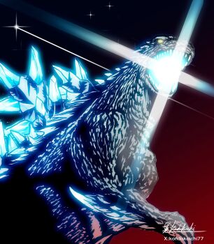 bioluminescence claws elbow_spikes giant giant_monster glowing glowing_mouth godzilla godzilla_(galaxy_odyssey) godzilla_(series) godzilla_galaxy_odyssey highres jaw kaiju koichi_77 monster mouth_beam no_humans open_mouth orange_eyes sharp_teeth sky spines star_(sky) teeth toho tokusatsu