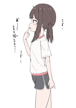 1girl absurdres black_shorts blue_eyes blush brown_hair cowboy_shot dolphin_shorts from_side highres medium_hair open_mouth original shirt short_shorts short_sleeves shorts simple_background solo takasuma_hiro translation_request twintails white_background white_shirt