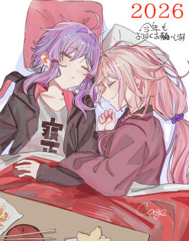 2026 2girls black_hoodie blush cevio closed_eyes commentary_request cuddling cushion drooling food fruit grey_shirt highres hood hoodie ia_(vocaloid) kotatsu long_hair mandarin_orange multiple_girls orange_peel parted_lips pink_hair purple_hair shirt sleeping table under_kotatsu under_table vang_09 vocaloid voiceroid yuri yuzuki_yukari