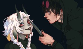 1girl 1other animal_request black_eyeshadow black_hair black_hoodie black_lips black_nails black_shirt blood bloody_tears blunt_bangs colored_tips cross cross_earrings double-parted_bangs earrings eye_injury eyeshadow eyewear_on_head grin highres holding holding_knife hood hood_up hoodie horns jewelry knife looking_at_another looking_at_viewer makeup multicolored_hair open_mouth original red-tinted_eyewear red_eyes shirt short_hair skinning smile tinted_eyewear upper_body white_hair wide-eyed wormudon