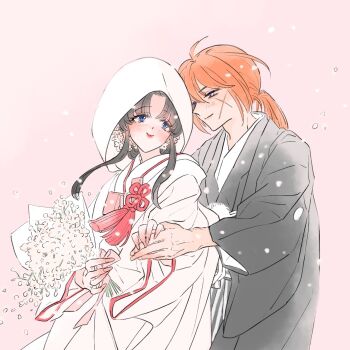 1boy 1girl asairi black_hair black_kimono bouquet bride closed_mouth commentary_request couple cowboy_shot cross_scar facial_scar flower flower_knot groom hair_between_eyes hair_flower hair_ornament hetero highres himura_kenshin holding holding_bouquet holding_hands japanese_clothes kamiya_kaoru kimono low_ponytail orange_hair parted_bangs pink_background ponytail rurouni_kenshin scar scar_on_cheek scar_on_face sidelocks smile uchikake wedding white_kimono