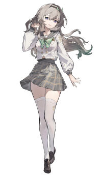 1girl absurdres aqua_bow aqua_bowtie black_hairband blue_pupils bow bowtie breasts brown_shoes buttons commentary_request double-breasted firefly_(honkai:_star_rail) firefly_(spring_missive)_(honkai:_star_rail) floating_hair full_body gradient_hair grey_hair grey_sailor_collar grey_skirt hair_between_eyes hairband hand_up highres honkai:_star_rail honkai_(series) jiadedaoshi loafers long_hair long_sleeves looking_at_viewer medium_breasts midriff_peek multicolored_hair official_alternate_costume open_mouth plaid_clothes plaid_skirt purple_eyes sailor_collar school_uniform serafuku shirt shoes skirt solo thighhighs untucked_shirt white_shirt white_thighhighs zettai_ryouiki