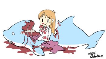 >_< 10s 1girl 2012 :t animated animated_gif blood blood_on_clothes blood_on_face bone chewing child closed_eyes dated dead_animal death eating entrails female_focus guro junkpuyo lab_coat long_hair nichijou orange_hair organs professor_shinonome shark simple_background solo spine white_background |_|