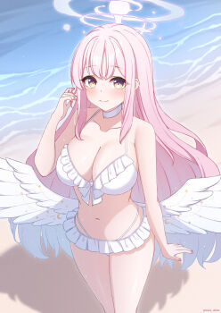 1girl angel_wings artist_name bare_shoulders beach bikini blue_archive blush breasts choker cleavage closed_mouth collarbone day feathered_wings fingernails frilled_bikini frills gradient_hair hair_down halo highres large_breasts long_hair looking_at_viewer low_wings maru.selinn mika_(blue_archive) mika_(swimsuit)_(blue_archive) multicolored_eyes multicolored_hair nail_polish navel ocean outdoors pink_eyes pink_hair pink_halo pink_nails sand smile solo stomach swimsuit thighs twitter_username two-tone_eyes white_bikini white_choker white_wings wings yellow_eyes