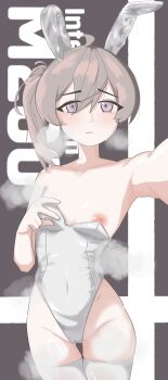 1girl absurdres alternate_costume animal_ears bare_shoulders blush breasts brown_background brown_hair camel character_name chouyan_de_furong_wang collarbone commentary fake_animal_ears girls&#039;_frontline highres leotard leotard_peel looking_at_viewer m200_(girls&#039;_frontline) nipples open_clothes parted_lips playboy_bunny ponytail purple_eyes rabbit_ears simple_background small_breasts solo strapless strapless_leotard sweat thighhighs two-tone_background white_background white_leotard white_thighhighs