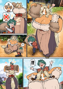 age_difference anger_vein angry backboob blonde_hair blush breasts child cleavage cloud day exhausted eyelashes furry furry_female green_eyes green_hair horse_girl huge_breasts long_hair motion_lines nenbuta open_mouth original outstretched_arms shiny_skin size_difference sky smile tail