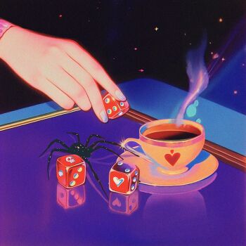 1other black_background blue_nails bug ceurelie coffee coffee_mug commentary cup dice english_commentary hand_focus heart highres holding holding_dice long_sleeves mug nail_polish original out_of_frame pink_sleeves plate reflection reflective_surface saucer skull_print solo sparkle spider steam