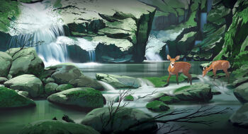 Rule 34 | 2others, animal, branch, commentary, deer, english commentary, landscape, lorenzo lanfranconi, moss, multiple others, nature, original, painterly, pond, rock, scenery, water, waterfall