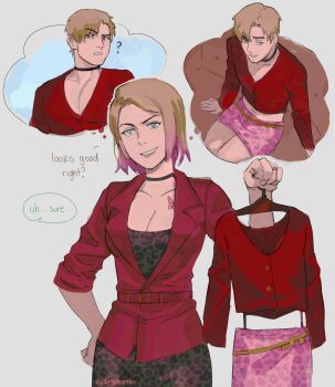 1boy 1girl ? animal_print beard_stubble belt black_choker blonde_hair breasts brown_dress butterfly_tattoo choker cleavage colored_tips cosplay crop_top crossdressing dress english_text facial_hair grey_background grin highres holding holding_unworn_clothes jacket james_sunderland leopard_print light_blush maria_(silent_hill) maria_(silent_hill)_(cosplay) medium_breasts midriff multicolored_hair multiple_views navel pink_hair pink_skirt red_belt red_jacket silent_hill_(series) silent_hill_2 silent_hill_2_(remake) simple_background skirt smile smirk speech_bubble stubble tattoo thought_bubble tirtyturtle twitter_username