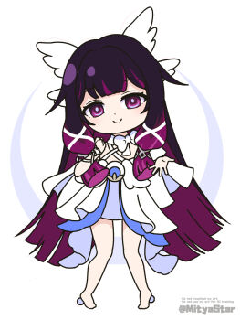 1girl black_hair chibi closed_mouth columbina_(genshin_impact) commentary_request dress english_text full_body genshin_impact head_tilt long_hair looking_at_viewer mitya multicolored_hair purple_eyes purple_hair smile solo standing tiptoes twitter_username two-tone_hair very_long_hair watermark white_background white_dress