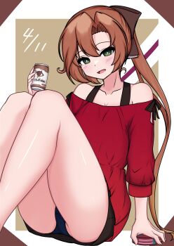 absurdres akigumo_(kancolle) akigumo_kai_ni_(kancolle) alcohol beer beer_can blue_panties brown_hair brown_ribbon can drink drink_can flat_chest green_eyes hair_between_eyes hair_ornament hair_ribbon highres holding holding_drink kantai_collection long_hair open_mouth panties pantyshot ponytail ribbon sitting thighs tokiwa_senkei underwear
