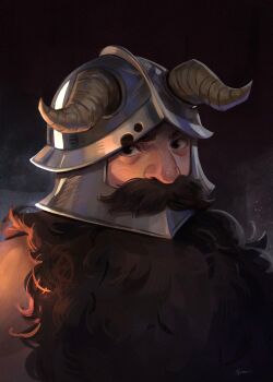 1boy absurdres beard brown_hair dungeon_meshi dwarf facial_hair fake_horns fire_light helmet highres horned_helmet horns long_beard looking_at_viewer madeleinefjall male_focus mature_eyes mature_male mustache portrait realistic senshi_(dungeon_meshi) solo thick_mustache very_long_beard