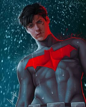 1boy bat_signal batman_(series) batman_symbol black_hair blood blue_eyes bodysuit dc_comics grey_bodysuit grey_sky highres jason_todd laurarts_23 male_focus multicolored_bodysuit muscular muscular_male rain red_hood_(dc) red_hood_and_the_outlaws short_hair sky superhero_costume taut_bodysuit two-tone_bodysuit water_drop wet wet_clothes wet_hair