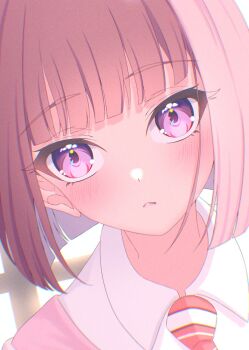 1girl :&lt; blunt_bangs blunt_ends blush bob_cut brown_hair closed_mouth collared_shirt commentary_request diagonal-striped_clothes diagonal-striped_necktie dress_shirt dutch_angle frown highres hood hood_down hooded_jacket ikizulive!_love_live!_bluebird jacket love_live! nanase_itsuki necktie open_clothes open_jacket orange_necktie portrait purple_eyes sasaki_shion school_uniform shirt short_hair solo striped_clothes white_shirt window