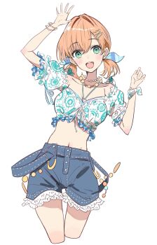 Rule 34 | 1girl, :d, aqua eyes, bare shoulders, bien (djpwjd1), blue shorts, breasts, cleavage, collarbone, commentary, cowboy shot, crop top, crossed legs, denim, denim shorts, hair ornament, halterneck, highres, hinoshita kaho, large breasts, link! like! love live!, looking at viewer, love live!, low twintails, medium hair, navel, open mouth, orange hair, puffy short sleeves, puffy sleeves, short sleeves, shorts, simple background, smile, solo, stomach, suspender shorts, suspenders, suspenders slip, twintails, virtual youtuber, white background, x hair ornament
