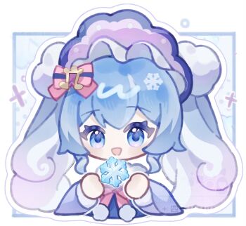 1girl blue_background blue_dress blue_eyes blue_hair bonnet border bow bowtie chibi chinese_commentary commentary_request cropped_torso curly_hair dress eyelashes fortissimo frilled_headwear fur-trimmed_dress fur-trimmed_sleeves fur_trim gradient_hair hair_between_eyes hair_bow hair_ornament halftone halftone_background happy hatsune_miku highres holding holding_snowflake light_blush long_hair long_sleeves multicolored_hair musical_note musical_note_hair_ornament open_mouth outline outside_border pink_bow pink_bowtie pom_pom_(clothes) pom_pom_hair_ornament purple_bonnet single_stripe sishi_malus smile snowflakes solo sparkle striped_bow striped_bowtie striped_clothes twintails two-tone_hair vocaloid watermark white_border white_hair white_outline wide_sleeves yuki_miku yuki_miku_(2023)