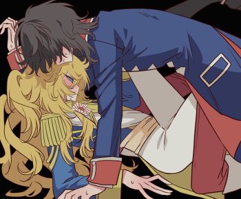 1boy 1girl andre_grandier black_background black_hair blonde_hair blue_eyes blue_jacket blush boy_on_top embarrassed hetero jacket long_hair long_sleeves meremero oscar_francois_de_jarjayes pants profile red_pants versailles_no_bara white_pants