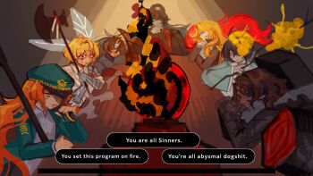 1other 2girls 5boys alternate_eye_color armor arthropod_limbs bandage_over_one_eye beanni black_hair blonde_hair blood blood_on_face blue_jacket branch brown_coat brown_hair coat coffin commentary crossover dante_(limbus_company) dark-skinned_male dark_skin dispatch don_quixote_(project_moon) dullahan_(project_moon) e.g.o_(project_moon) english_commentary english_text eyepatch family_hierarch_candidate_(identity)_(project_moon) feather_boa feathers fire flower g_corp._(identity)_(project_moon) gameplay_mechanics gauntlets green_jacket gregor_(project_moon) halberd hanbok harpoon hat heathcliff_(project_moon) high_ponytail highres holding holding_branch holding_polearm holding_weapon hong_lu_(project_moon) insect_wings ishmael_(project_moon) jacket korean_clothes limbus_company long_hair multiple_boys multiple_girls n_corp._fanatic_(identity)_(project_moon) object_head orange_hair pauldrons peaked_cap pequod_(identity)_(project_moon) polearm ponytail profanity project_moon red_coat red_eyes red_feathers sancho_(project_moon) short_hair shoulder_armor sinclair_(project_moon) single_pauldron smoking_pipe spicebush_(e.g.o) wax_seal weapon white_coat wings wuthering_heights_(identity)_(project_moon) yellow_eyes yi_sang_(project_moon)