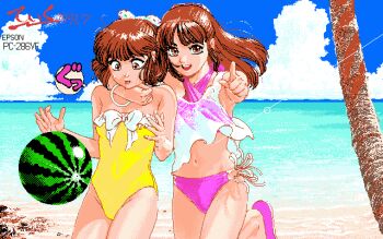 Rule 34 | 1990s (style), 2girls, :d, accident, arm around neck, artist name, bare arms, bare shoulders, beach, bikini, blue sky, bow, bow swimsuit, bracelet, breasts, brown eyes, brown hair, character request, commentary request, copyright request, covered navel, cowboy shot, criss-cross halter, crop top, dated, dated commentary, dithering, dropping, food, foot up heel up, frilled shirt, frills, fruit, groin, halterneck, hands up, highleg, highleg one-piece swimsuit, horizon, jewelry, legs together, lens flare, long hair, looking at viewer, looking down, medium hair, midriff, multi-strapped bikini bottom, multiple girls, nipples, ocean, one-piece swimsuit, open mouth, outstretched arm, palm tree, parted lips, pc-98 (style), pink bikini, pink shoes, pixel art, pointing, pointing at viewer, retro artstyle, sand, see-through clothes, see-through shirt, shirt, shoes, side-tie bikini bottom, sidelocks, signature, sky, sleeveless, sleeveless shirt, small breasts, small sweatdrop, smile, sound effects, speech bubble, standing, standing on one leg, strapless, strapless one-piece swimsuit, swimsuit, teeth, teiku (take), tree, upper teeth only, water, watermelon, white bow, wide-eyed, yellow one-piece swimsuit