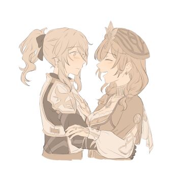 2girls absurdres akademiya_uniform armor beret blush bow braid breastplate breasts buttons circlet cleavage closed_eyes closed_mouth clothing_cutout collared_shirt commentary cross cross_earrings dress earrings english_commentary from_side full_armor gauntlets gem genshin_impact greyscale hair_between_eyes hair_bow hand_around_waist hand_on_another's_chest hands_up hat hat_ornament high_ponytail highres jean_(genshin_impact) jean_(gunnhildr's_legacy)_(genshin_impact) jewelry large_breasts lisa_(a_sobriquet_under_shade)_(genshin_impact) lisa_(genshin_impact) long_hair long_sleeves looking_at_another low-braided_long_hair low-tied_long_hair mitsudomoe_(shape) monochrome multiple_girls neck_ring necklace official_alternate_costume official_alternate_hairstyle open_mouth ponytail puffy_long_sleeves puffy_sleeves ring shirt shoulder_armor sidelocks smile tassel teeth tomoe_(symbol) twin_braids upper_body vision_(genshin_impact) yurenn yuri