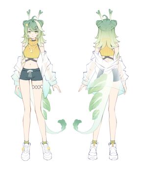 1girl absurdres ahoge artist_self-insert bare_legs bare_shoulders black_shirt blue_shorts closed_mouth commentary cone_hair_bun criss-cross_straps crop_top dot_nose double_bun dragon_girl dragon_horns dragon_tail english_commentary expressionless eyelashes green_eyes green_hair green_socks hair_bun hair_ornament hairclip highres horns jacket jacket_partially_removed jewelry long_hair long_sleeves looking_at_viewer midriff multicolored_hair multiple_views navel necklace neggiee original reference_sheet see-through_clothes see-through_jacket shirt shirt_under_sweater shoes short_shorts shorts simple_background sleeveless sleeveless_sweater sneakers socks spring_onion streaked_hair sweater swept_bangs tail thigh_strap tight_clothes turtleneck turtleneck_shirt turtleneck_sweater white_background white_jacket white_shoes yellow_sweater