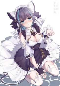 1girl absurdres animal_ears apron azur_lane blue_eyes blue_nails blue_streaks blush breasts chaos_(user_vuuv2277) cheshire_(azur_lane) cleavage commentary_request detached_sleeves fake_animal_ears frilled_apron frills garter_straps highres large_breasts long_ribbon looking_at_viewer maid_headdress multicolored_hair nail_polish puffy_detached_sleeves puffy_sleeves purple_apron purple_hair short_hair solo streaked_hair thighhighs white_garter_straps white_thighhighs wrist_cuffs
