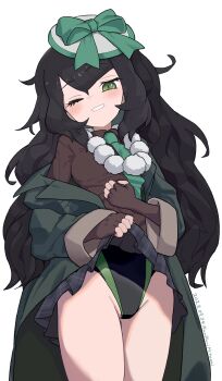 1girl black_hair brown_shirt commentary_request fingerless_gloves gloves green_eyes green_jacket green_necktie green_ribbon hair_ornament highres jacket jewelry kemono_friends kunikuni_(kunihiro2005) long_hair looking_at_viewer necklace necktie one_eye_closed ribbon sagojo_(kemono_friends) shirt simple_background solo swimsuit