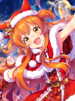 1girl absurdres animal_ears arm_warmers armpits artist_request belt belt_buckle bow brown_belt buckle capelet center_frills christmas cloud cowboy_shot dot_nose dress ear_bow ear_covers eyelashes frills fur-trimmed_arm_warmers fur-trimmed_capelet fur-trimmed_dress fur-trimmed_headwear fur_trim game_cg garland_(decoration) gift glint gold_buckle gold_buttons hair_between_eyes happy hat hat_bell hat_ornament highres holly_hat_ornament horse_ears horse_girl light_blush light_particles long_hair long_sidelocks looking_at_viewer loose_hair_strand mayano_top_gun_(party_formation)_(umamusume) mayano_top_gun_(umamusume) neck_ribbon night official_alternate_costume official_art open_mouth orange_hair outdoors outstretched_arms plaid_arm_warmers plaid_clothes plaid_dress pom_pom_(clothes) red_arm_warmers red_bow red_capelet red_dress red_hat red_ribbon ribbon santa_hat short_dress sidelocks sleeveless sleeveless_dress smile snow solo sparkle standing striped_bow tareme two_side_up umamusume wavy_hair winter wrist_bow yellow_eyes