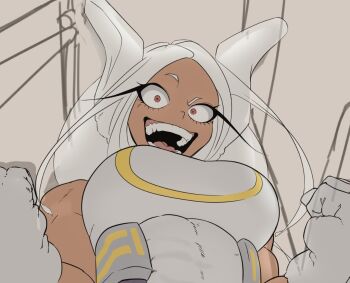 Rule 34 | 1girl, animal ears, bare shoulders, boku no hero academia, breasts, castell, clenched hands, commentary, covered abs, crescent print, dark-skinned female, dark skin, english commentary, gloves, large breasts, leotard, long eyelashes, long hair, looking at viewer, mirko, open mouth, parted bangs, purple thighhighs, rabbit ears, rabbit girl, raised eyebrow, red eyes, solo, taut leotard, teeth, thighhighs, toned, toned female, unfinished, upper body, very long hair, white gloves, white hair, white leotard