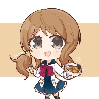 1girl :d assault_lily black_shirt black_thighhighs blue_skirt blush bow bowl bowtie brown_background brown_hair chibi chopsticks commentary_request cowboy_shot food frilled_skirt frills grey_eyes hair_ornament hands_up herensuge_girls_academy_school_uniform high-waist_skirt highres holding holding_bowl holding_chopsticks iijima_renka jacket long_sleeves looking_at_viewer low_side_ponytail miniskirt noodles open_clothes open_jacket open_mouth ponokaijo ramen red_bow red_bowtie school_uniform shirt side_ponytail skirt smile solo standing star_(symbol) star_hair_ornament thighhighs twitter_username two-tone_background v-shaped_eyebrows white_background white_jacket