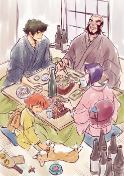 Rule 34 | absurdres, alcohol, cowboy bebop, eating, edward wong hau pepelu tivrusky iv, ein (cowboy bebop), faye valentine, food, highres, japanese clothes, jet black, kimono, kotatsu, sitting, spike spiegel, table, tobalin, yukata