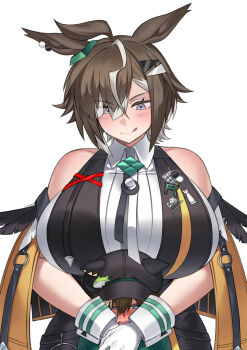 Rule 34 | 2girls, absurdres, ahoge, animal ears, bare shoulders, black dress, black shirt, blue eyes, blush, breast rest, breasts, breasts on head, brown hair, cape, cheval grand (casual) (umamusume), cheval grand (umamusume), closed mouth, commentary request, dress, ears through headwear, fukuro (maruaru00), gloves, green hoodie, grey hair, hair between eyes, hair ornament, hair over one eye, hat, height difference, highres, hood, hoodie, horse ears, horse girl, large breasts, looking at another, multicolored hair, multiple girls, open mouth, rulership (racing) (umamusume), rulership (umamusume), shirt, short hair, simple background, size difference, sleeveless, sleeveless shirt, smile, standing, streaked hair, tongue, tongue out, umamusume, upper body, white background, white gloves, wrist cuffs, yuri