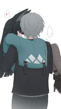 1boy 1girl absurdres animal_ears aqua_jacket black_hair black_shirt blush carrying fox_ears from_behind grey_hair gripping_clothes hand_on_another&#039;s_shoulder heart hetero high_heels highres hoshimi_miyabi jacket long_hair namikare pantyhose princess_carry shirt short_hair simple_background spoken_heart spoken_sweatdrop sweatdrop white_background wide_sleeves wise_(zenless_zone_zero) zenless_zone_zero