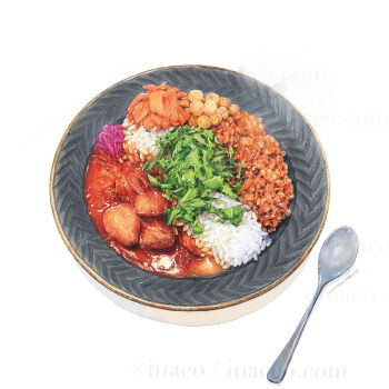 commentary_request curry curry_rice food food_focus inaco no_humans original plate rice simple_background spoon vegetable white_background