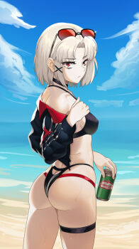 Rule 34 | 1girl, absurdres, ass, beach, bikini, black bikini, black jacket, breasts, closed mouth, cropped jacket, day, drake (nikke), eyewear on head, from behind, frown, goddess of victory: nikke, highres, holding, jacket, looking at viewer, looking back, medium breasts, multi-strapped bikini bottom, ocean, off shoulder, outdoors, red eyes, sand, short hair, solo, sunglasses, swimsuit, syde b, thigh strap, water, white hair