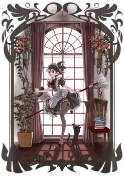 1girl apron ascot black_cat black_dress black_hair black_shoes book book_stack bow broom bucket cat center_frills chair commentary_request curtains dress flower folded_ponytail footwear_bow frilled_dress frills green_eyes grey_pantyhose hair_between_eyes highres holding holding_bucket holding_mop lipstick long_legs maid maid_apron maid_headdress makeup mary_janes mop original pantyhose parted_lips plant potted_plant puffy_short_sleeves puffy_sleeves red_ascot red_bow red_flower red_lips ribbon ruri_(rukiafile) shoes short_hair short_sleeves sleeve_ribbon solo standing standing_on_one_leg swept_bangs top_of_moe_2015 waist_apron white_ribbon wide_shot window window_shadow wooden_chair