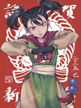 Rule 34 | 1girl, black eyes, black gloves, black hair, chinese clothes, clenched hands, commentary request, cowboy shot, dougi, dragon quest, dragon quest iii, fingerless gloves, gloves, hair pulled back, head tilt, looking at viewer, martial artist (dq3), merami, neckerchief, pants, pink neckerchief, red background, sash, solo, twintails, twitter username, white sash, yellow pants, yellow sleeves