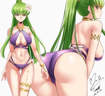 1girl 2022 absurdres arms_at_sides ass backboob bent_over bikini bracelet breasts c.c. chain cleavage closed_mouth code_geass code_geass:_lost_stories commentary_request commission cowboy_shot dated female_focus flower gluteal_fold gold_chain green_hair hair_between_eyes hair_flower hair_ornament high_ponytail highleg highleg_bikini highres huge_ass jewelry large_breasts legs_together long_hair looking_at_viewer multi-strapped_bikini_bottom multi-strapped_bikini_top multiple_views navel o-ring o-ring_bikini o-ring_top parted_lips pixiv_commission ponytail purple_bikini ring scar sideways_mouth signature simple_background skindentation smile standing swimsuit teeth thigh_gap thigh_strap thighlet very_long_hair white_background white_flower yellow_eyes yoo_tenchi