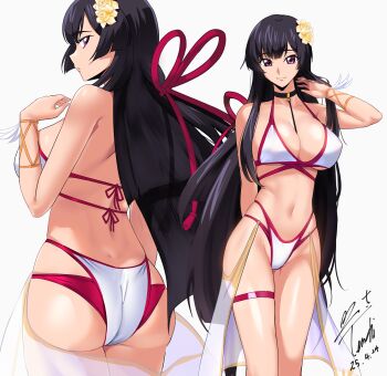 1girl absurdres arm_up ass bare_shoulders bikini black_choker black_hair bracelet breasts choker cleavage closed_mouth code_geass code_geass:_dakkan_no_roze commission cowboy_shot dated dimples_of_venus feet_out_of_frame flower from_behind hair_flower hair_ornament highres jewelry large_breasts long_hair looking_at_viewer looking_back multiple_views navel parted_lips pixiv_commission purple_eyes signature simple_background smile standing sumeragi_sakuya swimsuit very_long_hair white_background white_bikini yellow_flower yoo_tenchi