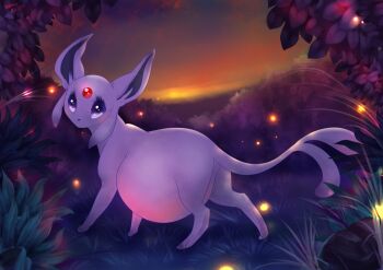 belly big_belly black_kitty espeon fireflies forest gem gem_on_head gen_2_pokemon looking_at_viewer nature nintendo pokemon pokemon_(creature) pokemon_focus pregnant red_gemstone standing sunset