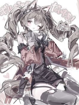 Rule 34 | 1girl, :d, absurdres, angelina (arknights), animal ear fluff, animal ears, animalization, arknights, arknights: endfield, averting eyes, bare shoulders, black thighhighs, bracelet, brown hair, chibi, chibi inset, coat, commentary, diamond-shaped pupils, diamond (shape), dot nose, dress, endministrator (arknights), fox ears, fox girl, fox tail, gilberta (arknights), heart, heart hands, highres, infection monitor (arknights), invisible chair, jewelry, light blush, long hair, long sidelocks, long sleeves, muted color, nyaatori, off shoulder, open clothes, open coat, open mouth, red coat, red eyes, short dress, sidelocks, sitting, smile, symbol-only commentary, symbol-shaped pupils, tail, thighhighs, thighs, translation request, twintails, wide sleeves, zettai ryouiki