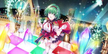 1girl :d black_skirt blue_ribbon blurry blurry_background bow breasts building buttons checkered_floor city_lights cityscape crystal diamond-shaped_brooch diamond_(shape) double-breasted dress epaulettes feet_out_of_frame game_cg gloves green_hair hair_ribbon hairband highres idol idol_clothes lapis_re:lights large_breasts layered_skirt looking_at_viewer lynette_(lapis_re:lights) night night_sky official_art open_mouth outdoors plaid_clothes plaid_dress purple_eyes red_bow red_hairband red_ribbon red_skirt ribbon short_hair skirt sky smile solo stage stage_lights star_(sky) starry_sky striped_bow suspender_skirt suspenders thighhighs third-party_source white_gloves white_ribbon white_skirt white_thighhighs zettai_ryouiki