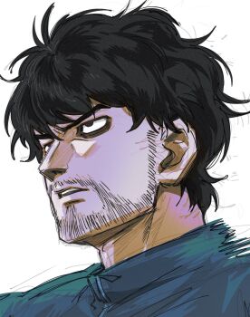 Rule 34 | 1boy, bags under eyes, beard stubble, black eyes, black hair, blue jacket, facial hair, grntr 260106, highres, hyakuemu, jacket, komiya (hyakuemu), male focus, open mouth, short hair, simple background, solo, stubble, teeth, track jacket, white background