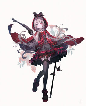 1girl absurdres black_thighhighs bow bug butterfly cane cape commentary_request dress flower full_body garter_straps goth_fashion gothic_lolita green_eyes grey_hair gun heterochromia high_heels highres holding holding_cane holding_gun holding_weapon hood hood_up hooded_cape insect layered_dress lolita_fashion long_hair mikisai original parted_lips red_eyes simple_background solo standing standing_on_one_leg tachi-e thighhighs weapon white_background