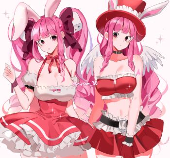 Rule 34 | 2girls, alternate costume, alternate hairstyle, angel wings, animal ears, arm garter, arm tattoo, bare shoulders, bat tattoo, belt, black belt, black collar, black eyes, blunt bangs, bow, braid, breasts, cleavage, collar, collarbone, cosplay, cowboy shot, dice hair ornament, drill hair, dual persona, expressionless, eyelashes, fake animal ears, fake wings, framed breasts, frilled hat, frilled skirt, frilled tube top, frills, full moon wo sagashite, gloves, hair bow, hair ornament, hat, joman, korean commentary, large breasts, long hair, looking at viewer, makeup, meroko yui, meroko yui (cosplay), miniskirt, multiple girls, neck ribbon, o-ring, o-ring belt, one piece, parted lips, perona, pink hair, pleated skirt, purple bow, rabbit ears, red gloves, red headwear, red ribbon, red skirt, red tube top, ribbon, side braids, simple background, skirt, sparkle, standing, strapless, tattoo, top hat, tube top, twin braids, twintails, twitter username, usada hikaru (cosplay), white background, wings, wrist cuffs, zipper pull tab