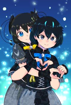2girls bird_girl bird_wings black_eyes black_hair black_shirt blonde_hair blue_bow blue_bowtie blue_eyes blue_hair bow bowtie collared_shirt floral_print floral_print_skirt frilled_cuffs grey_skirt hair_between_eyes head_wings heart heart_hands highres hug hug_from_behind kemono_friends ma2uastro multicolored_hair multiple_girls official_alternate_costume print_shirt print_skirt puffy_short_sleeves puffy_sleeves shirt short_hair short_sleeves sidelocks skirt smile sparkle superb_bird-of-paradise_(kemono_friends) two-tone_hair western_parotia_(kemono_friends) wings wrist_cuffs yellow_bow yellow_bowtie