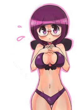 1girl bikini blunt_bangs blush bob_cut borokuro bow breasts choker cleavage glasses large_bow medium_breasts neck_pillow nintendo own_hands_together pokemon pokemon_bw purple_bikini purple_choker purple_eyes purple_hair raised_eyebrows round_eyewear shauntal_(pokemon) short_hair swimsuit