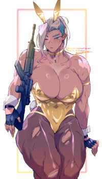 1girl abs armband assault_rifle blonde_hair blue_eyes blue_hair breasts collar dark-skinned_female dark_skin earrings gloves gram_quartz gun highres holding holding_gun holding_weapon jewelry large_breasts looking_at_viewer m16 m16a4 missing_eye muscular muscular_female original pantyhose playboy_bunny rifle scar scar_on_face shiny_skin simple_background torn_clothes torn_pantyhose undersized_breast_cup undersized_clothes weapon wrist_cuffs