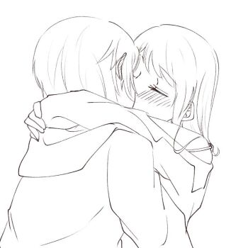 2girls arms_around_neck blush closed_eyes commentary ear_blush greyscale hinomori_shiho kiss long_hair mochizuki_honami monochrome multiple_girls nononono0196 project_sekai school_uniform serafuku short_hair strap_slip upper_body yuri